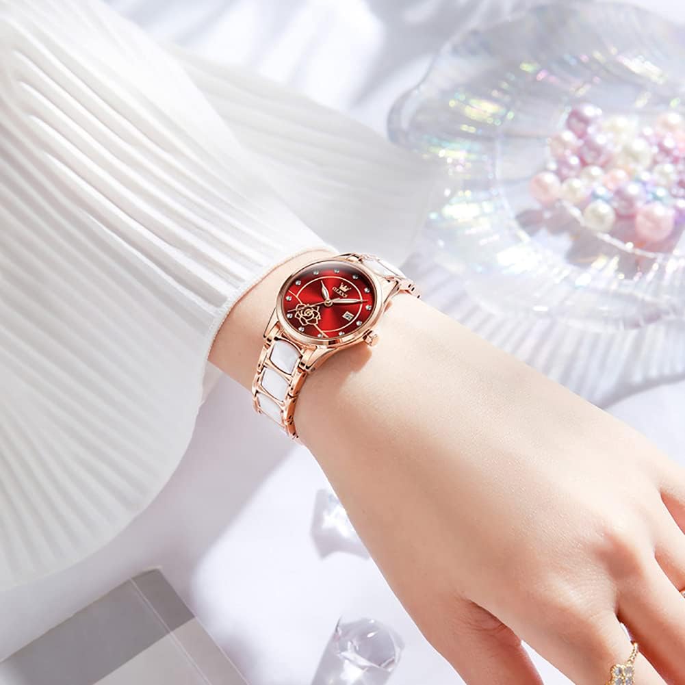 OLEVS Ladies Watch Rose Gold Ceramic Designer Elegant Note Fashion Luxury 3ATM Date Waterproof Luminous Green Valentine's Day Present Quartz - Image 4