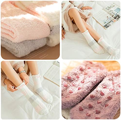 RedMaple 4 Pairs Fluffy Slipper Socks for Women and Girls Fuzzy Soft Warm Cosy Crew Socks with Non Slip Grips for Winter