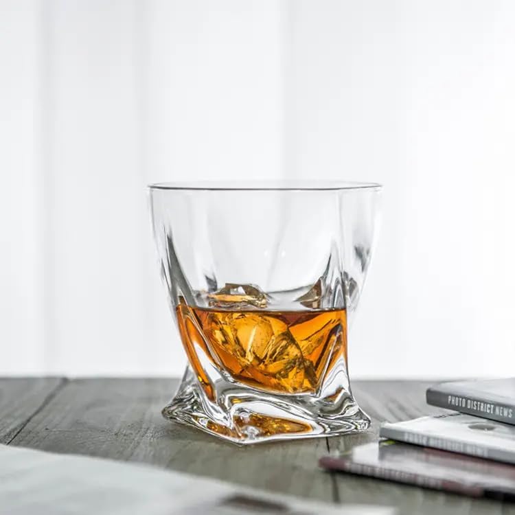 Image of Whiskey Glasses Set of 6 pcs- 250 ml Bar Glass for Drinking Bourbon, Whisky, Scotch, Cocktails, Cognac- Old Fashioned Cocktail Tumblers (4, Twisted)