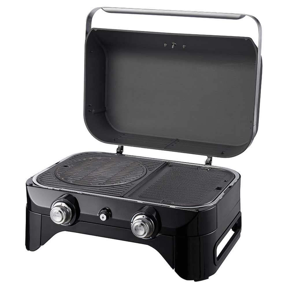 CAMPINGAZ Attitude 2100 LX Barbacoa de gas, barbacoa de mesa portátil con 2 quemadores de acero, 5 kW de potencia, para camping con tapa, termómetro y parrilla de hierro fundido, 2000038741