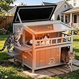 Insulated Outdoor Cat House Weatherproof Feral Cat Shelter with Aluminum Foil Pearl Cotton Warm Winter Cat Enclosure with Balcony & Sunlight Roof 2 Tier Wooden Cat Condo