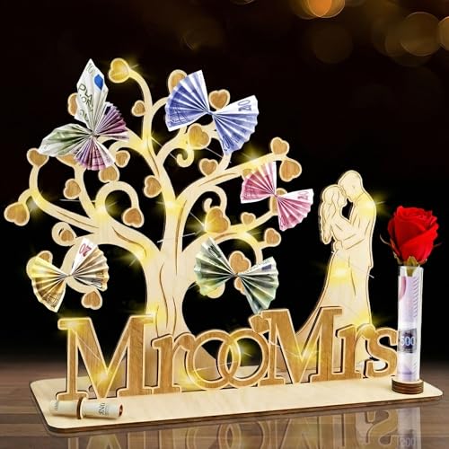 Geldgeschenk Hochzeit Holz mit LED Lichterkette,Hochzeitsgeschenke für Brautpaar Geld Verpackung mit Karte,Herzförmiges Romantisches Geschenk zum Hochzeit Hochzeitstag Brautpaar