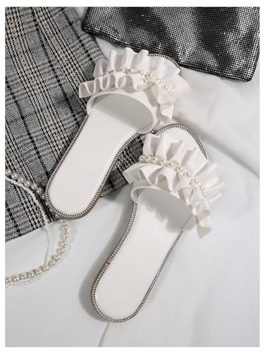 GORGLITTER Women's Rhinestone Pearl Sandals Dressy Ruffle Cute Vacation Weeding Bride Slip on Flat Sandals3