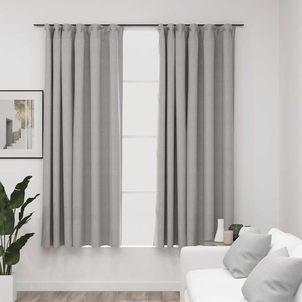 Rideaux occultants haut de gamme aspect lin gris avec crochets robustes
