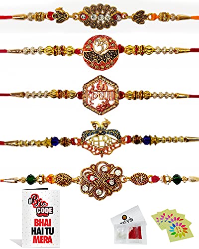 Craftsman Rakhi for brother Bhaiya Bhabhi Gift Set of 5 Pcs Rakhi for family Raksha Bandhan Festival Rakhi for Bhaiya and Bhabhi, Indian designer latest Rakhi for bhai Thread