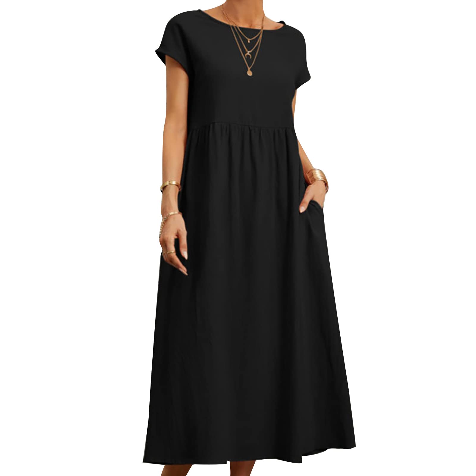 caoxhenr Vestido largo casual de manga corta para mujer, vestido de lino y algodón, talla grande, vestido camisero de verano con bolsillos