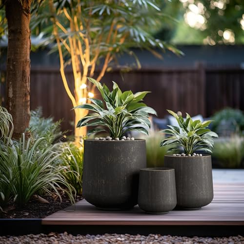 Image of Kante Set of 3 Vintage BRN Concrete Curved Planters 16.5 inch 13 inch 9.4 inch Dia | Drainage for Outdoor, Rubber Plug for Indoor Home, All-Weather Cement Pot, Handcraft, Lightweight & Durable, Anti-UV, Round