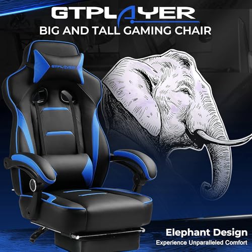 GTPLAYER Gaming Chair with Footrest, Big and Tall Game Chair 350lb Racing Style Computer Chair, Ergonomic Executive Office Chair High Back with Lumbar Support and Recliner, Blue