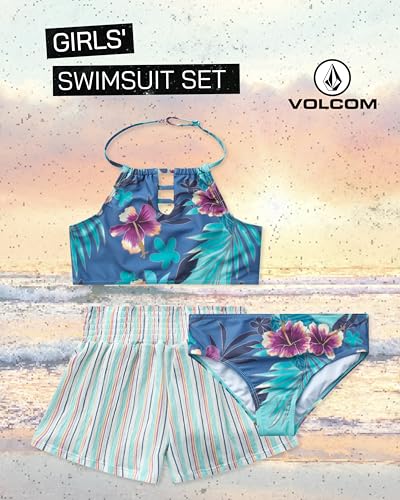 Image of Volcom Girls' Swimsuit Set - 3 Piece UPF50+ High Neck Bikini Top, Bikini Bottom and Matching Swim Shorts for Girls (2T-16)