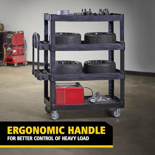 Image of New Rubbermaid Commercial Products 4-Shelf Utility /Service Quad Cart, Heavy Duty Large, Lipped Shelf, Ergonomic Handle, 700 lbs. Capacity, for Warehouse /Garage /Cleaning /Manufacturing (2128657) Black