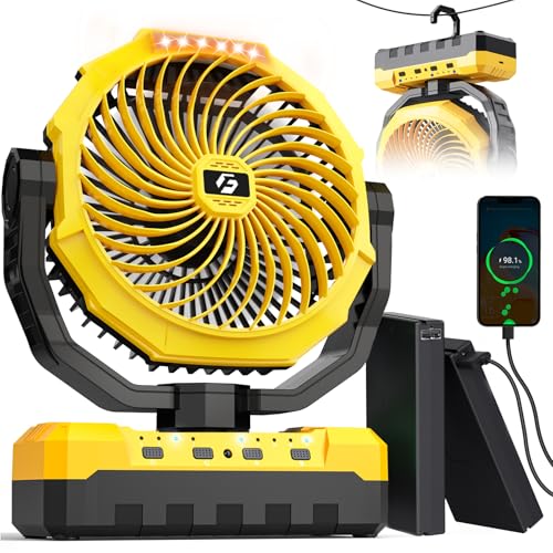 AVAVO Rechargeable Fan with Detachable Battery - 48000mAh(127H Working) Camping Fan Portable Battery Powered Fans with Hook Timers Ventilador Recargable for Tent Travel Gifts for Men Dad Yellow