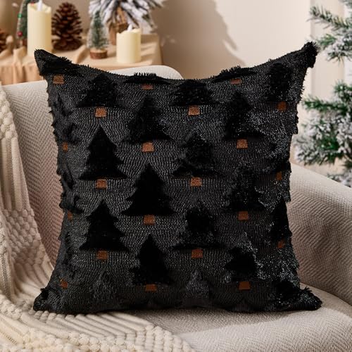 Image of Allorry Christmas Pillow Covers 18x18 inch Set of 2 Black Christmas Decorations Soft Plush Faux Fur Wool Christmas Tree Throw Pillow Cases Winter Holiday Decor for Sofa Living Room PT002J18