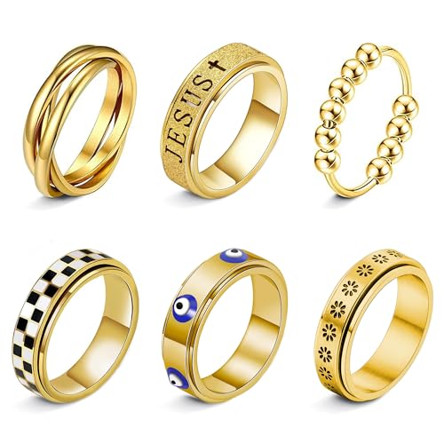 Lofitor 6 anillos antiestrés mujer Spinner Band Fidget acero inoxidable anillo para estrés ansiedad para hombre rodillo antiansiedad anillos conjunto banda de ansiedad fría CZ luna estrella, A, Acero