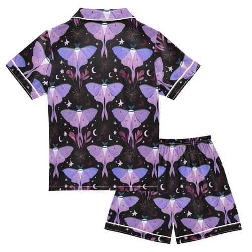 Purple Moths Moon Stars Pajamas Set Soft Satin Pjs Sets 2 Piece Short Sleeve Sleepwear Casual Loungewear2