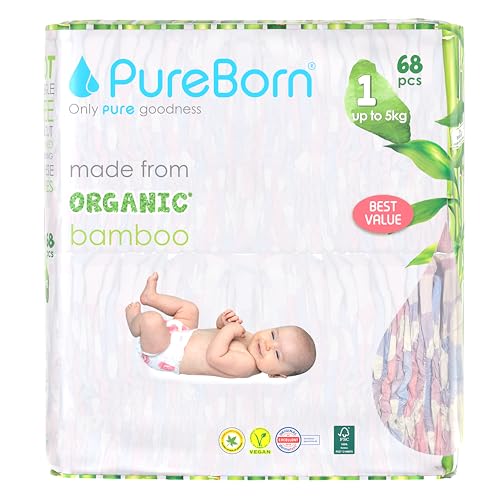 Image of PureBorn Organic Natural Bamboo Baby Disposable Diapers-Size 1 by Fratelli |From 2 To 5 Kg|Assorted Print|Premium Super Soft| Maximum Leakage Protection|Eco Friendly Nappies|New Born Essentials S1-68s