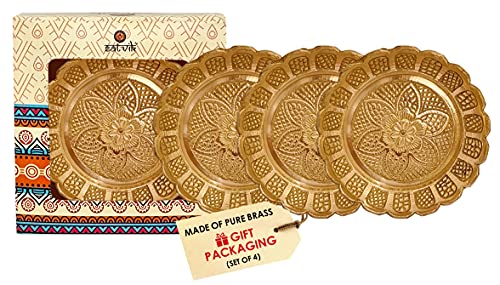 Satvik 4 Pc Nakshi Plate for Pooja Brass Puja thali Handmade]Bhog Thali Set. Beautifully Engraved and Decorative Platter Accessories for Home Mandir and Temple. Indian Housewarming Return Gift Item
