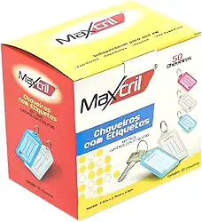 Chaveiros com etiqueta de identificaçao, caixa com 50 unidades, cores sortidas, Maxcril