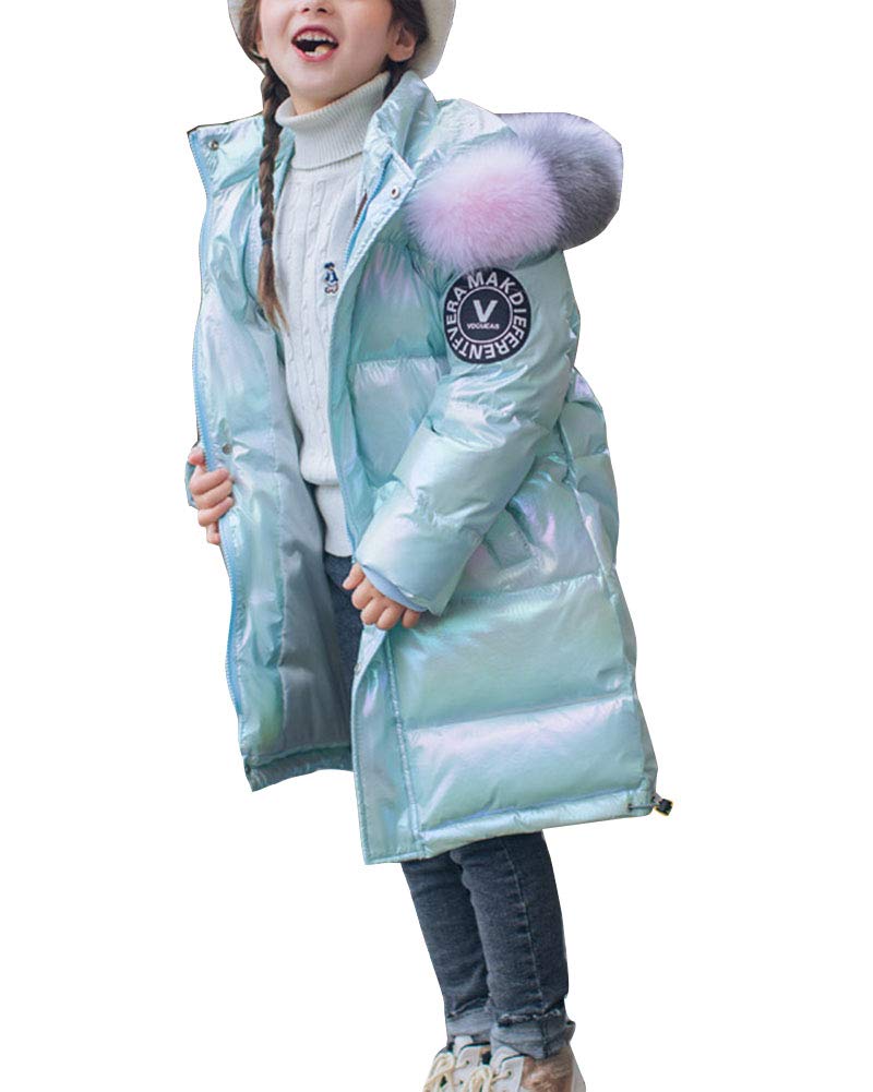 Piumino lungo lucido per Bambina,Piumino imbottito Cappotto trapuntato Casual tintura di Parka in pelliccia sintetica Giacca da neve Giacca a vento Outwear