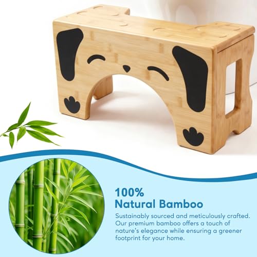 Image of Foldable Toilet Stool, Bamboo Squat Stool for Bathroom, Space-Saving Poop Stool with Comfortable 7 inch Daily Use Height, Potty Stool for Improved Posture, Optional 9 inch Height Mode (Dog Design)