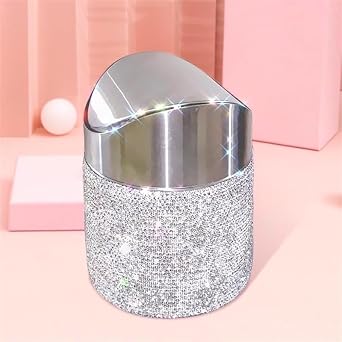 TISHAA Decorative Mini Size Trash Can Wastebasket Garbage Container Bin Waste Basket Crystal Rhinestone Bedazzled Glitter Deco Vanity Home Office Desk, Perfect for Vanity and Small Items