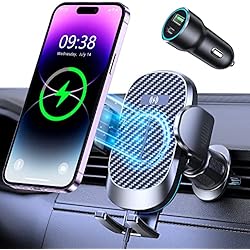 Soporte Para Celular Con Cargador Inalambrico Glangeh Cargador Inalambrico Coche 15W, QC 3.0 Carga Rápida Soporte Movil Coche Cargador Inalambrico con Clip Mejorado y Ampliado para Salida de Aire, Compatible con iPhone/Galaxy/Xiaomi y Otros