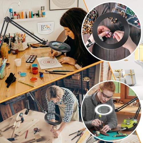 Image of BROLAVIYA Overhead 5X Magnifying Glass with Led Light and Stand, 3 Color Modes Dimmable, Large 2 Way Base clamp, Magnifier Desk Lamp for Close Work, Repair, Crafts, Makeup, Reading, Photography