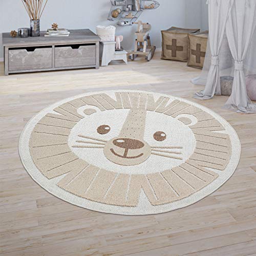 Vloerkleed Kinderkamer Kind Jongen Meisje Rond Speelvloerkleed 3D Leeuw Beige, Maat:Ø 120 cm Rund - Afbeelding 3