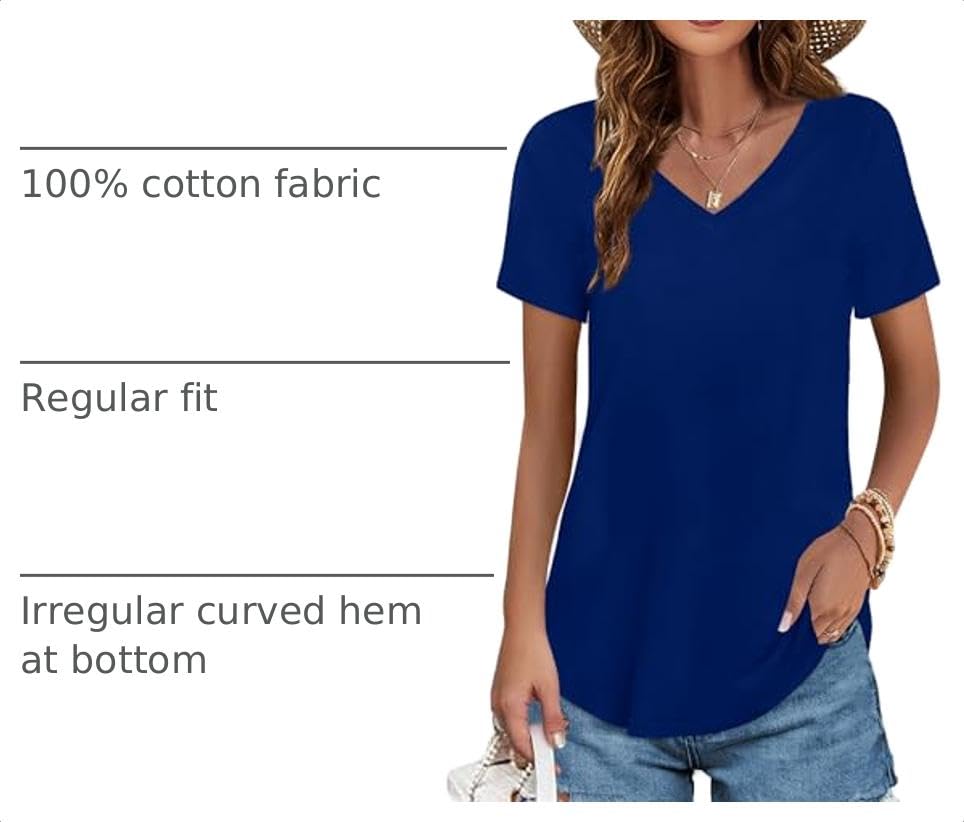 Image of Elesomo Womens T Shirts V Neck Summer Short /Long Sleeve Cotton Tops