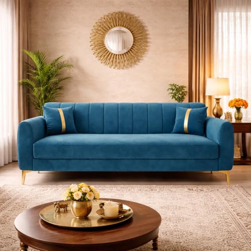 Image of Hermione Luxe Velvet-Suede Fabric 3 Seater Sofa | Comfortable Seating | Modern Sofa for Living Room - Aqua Blue