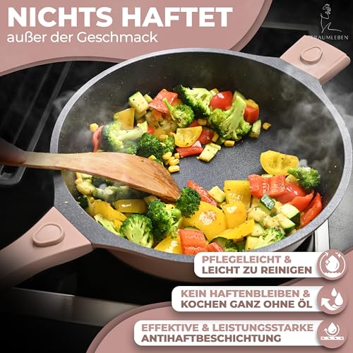 TRAUMLEBEN Bratpfanne 28 cm mit Deckel & abnehmbaren Griffen (Rosa)