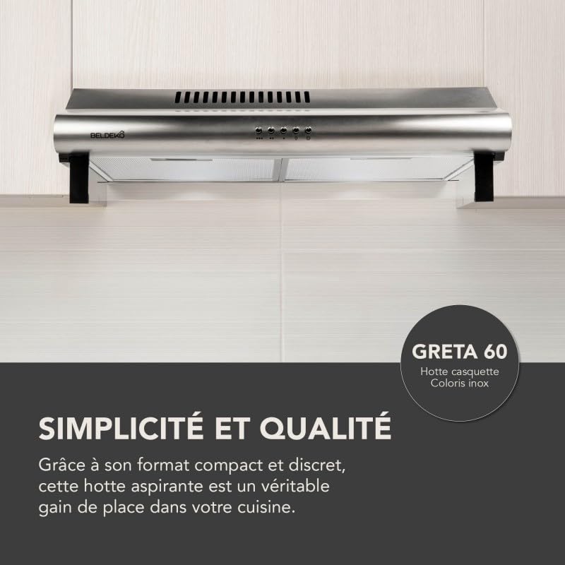 BELDEKO Hotte Casquette 60 cm Inox 240 m3/h + 2 Filtres - Marque Française