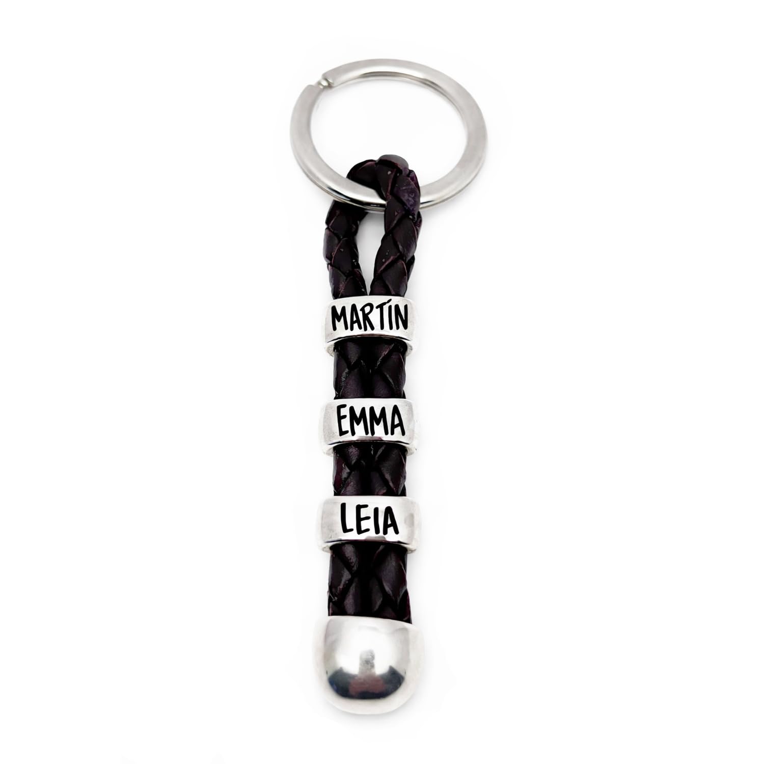 Llavero Personalizado con Nombres. Fabricado en Zamak Baño Plata y Cuero Español. Regalo día del padre. Llavero Hombre. Llavero Mujer. Modelo Terminal