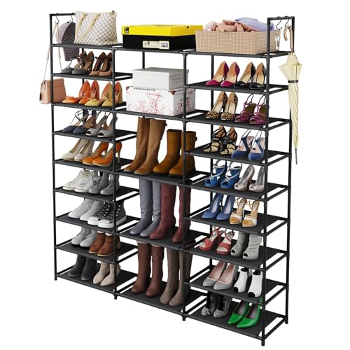 9 Tier Large Shoe Rack Storage Organizer Can Store 50-55 Pair Shoe Boot, Rustproof Metal Shoes Storage Black Can be Used Outdoors, Entrance, Bathroom, Adjustable Shoes Rack with Plastic Connectors