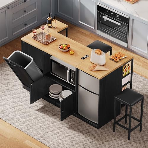 Homiflex Kitchen Island with Storage, 67\" W Large Island Table for Kitchen, Kitchen Carts on Wheels with Power Outlet, Tilt Out Trash Cabinet w/Open Shelves for Mini Fridge, Hidden Casters, Black