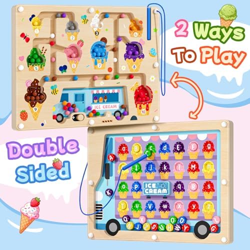 2 in 1 Magnetic Color & Number Maze Board for Kids Montessori Toys Wooden Double-Sided Counting Alphabet Letters Matching Magnets Puzzle Board for 3-5 Age Boys and Girls Birthday Gifts