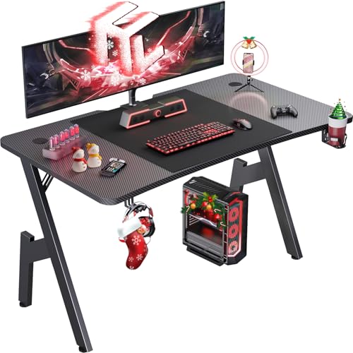 HLONONE Gaming Tisch 120 x 60 cm, Gaming Schreibtisch, Stabiler PC Schreibtisch mit Kohlefaserbeschichtung, Ergonomischer Computertisch mit Kopfhörerhaken und Getränkehalter, Schwarz