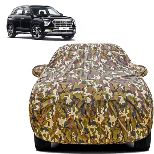 Image of FABTEC Waterproof Car Body Cover for Hyundai Creta with Mirror Pocket, Triple Stitched (Military, Jungle Print, Camouflage Design)