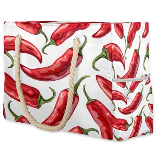 Chili Pepper Pattern Large Beach Bag Waterproof Beach Bag for Women Oversized Sandproof Beach Tote Bag with Zipper for Gym Travel Daily Pool Bag Big Tote