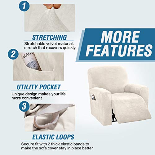 H.VERSAILTEX Velvet Stretch Recliner Couch Covers 4-Pieces Style Recliner Chair Covers Recliner Cover for Reclining Chair Slipcovers Feature Non Slip Form Fitted Thick Soft Washable, Ivory - Image 5