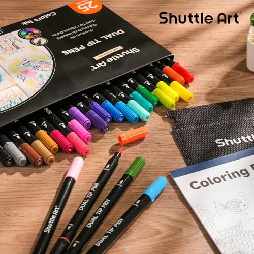 Image of Shuttle Art Dual Tip Brush Marker Pens, 25 Colors Water-based Ink, Fine and Brush Tip Marker Set with 1 Coloring Book for Kids Adult Artist Calligraphy Hand Lettering Journal Doodling Writing