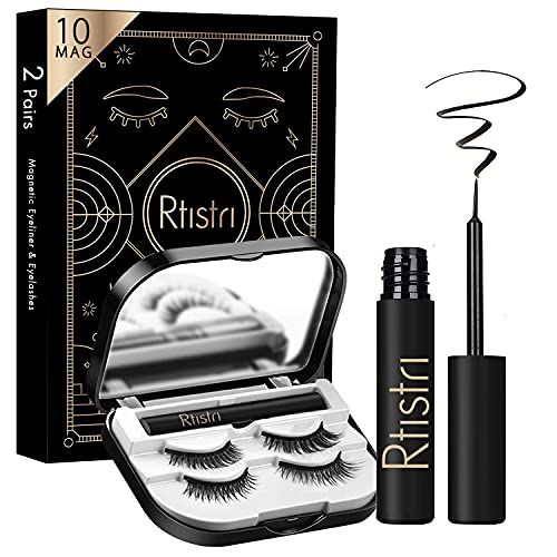 Rtistri 10 Magnets 3D 6D Magnetic Eyelashes with Eyeliner high-end Portable Mirror Case - Reusable False Lashes with Magnet for The Natural Look - No Glue False Eye Lashes with Super Stay Liquid Liner