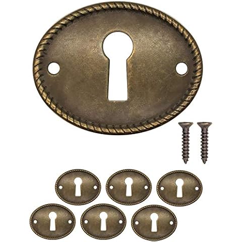 FUXXER® - 6x Antike Schlüssel-Schilder, Schloss-Rosetten, Schloss-Beschläge, Abdeckung für Schlösser, Schlüssel-Loch, Vintage Messing Design, 6er Set inklusive Schrauben, 37 mm x 29 mm, bronze Cover