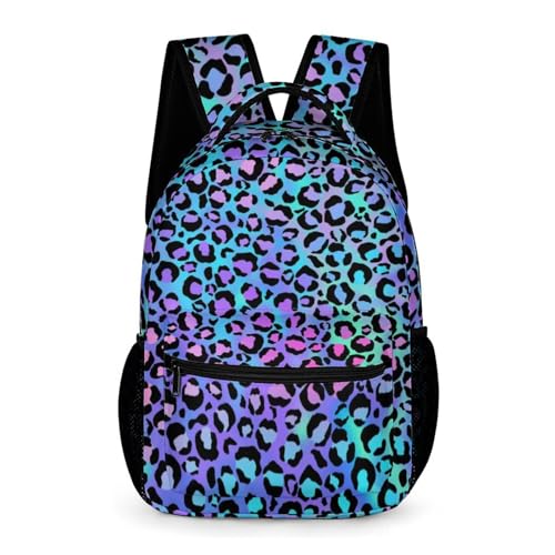 KOYI Leopard Print Backpack for Girls Cheetah Backpack, Gradient Bright Neon Blue Purple Cheetah Print Backpack, Children Casual Daypack Travel Laptop Backpack, 16.5 Inch