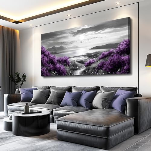 Canvas Wall Decor for Bedroom Large Wall Art for Living Room Modern Office Wall Decoration Purple Flowers Landscape Paintings Black and White Scenery Pictures Artwork Aesthetic Home Decor