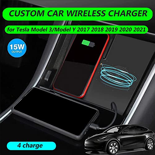 2022 Upgrade Wireless Charger Car for Tesla Model 3/Model Y 2017 2018 2019 2020 2021 with Type C Charging Cable 15W Qi Wireless Fast Automatic Induction Wireless 3 Fast Charging for All QI smartphones