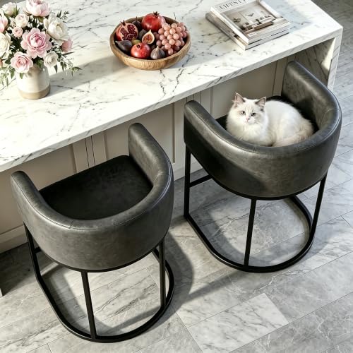 Image of 26 inch H Counter Height Bar Stools Set of 3, Modern Barrel Counter Stools with Backrest and Arms, Faux Leather Upholstered Accent Barstools for Kitchen Island,Support 450 LBS (Black)