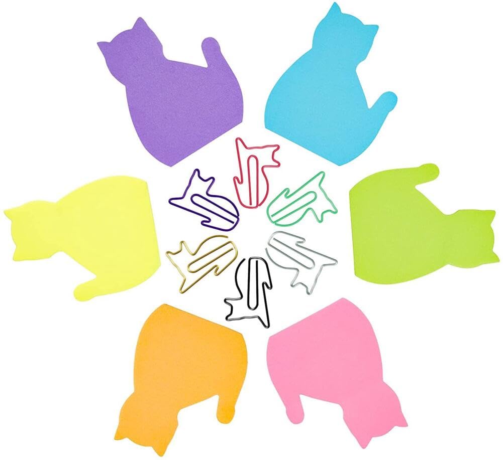 Goodern 180 Sheets Cat Sticky Notes Set,Colorful Cute Animal Shaped Self-Stick Note Pads with Paper Clips,Cartoon Shaped Message Reminder Sticky Memo for Office School Birthday Christmas New Year Gift