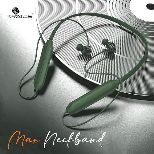 Image of Kratos Green Bluetooth Neckband with 55H Playtime, Deep Bass, Stereo Sound, HD Calls, Magnetic Earbuds, Voice Assistant, Type-C Fast Charging, Rich Audio, Hollow Switch for Comfort & Style