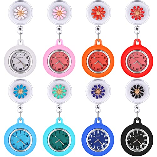 Outus 8 Pieces Retractable Nurse Clip on Badge Watch Silicone Dark Glow Pocket Fob Stethoscope Reel Nurse Watch for CNA Week Gift(Floral)