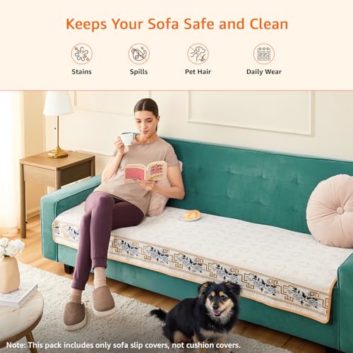 Image of Amazon Basics Jacquard Sofa Cover for Three Seater, Smooth Plain Weave, Non-Slip Sofa Pad, 70x180 cm, Soft Silicone Grip Dots, 100% Polyester, Machine Washable - Grey